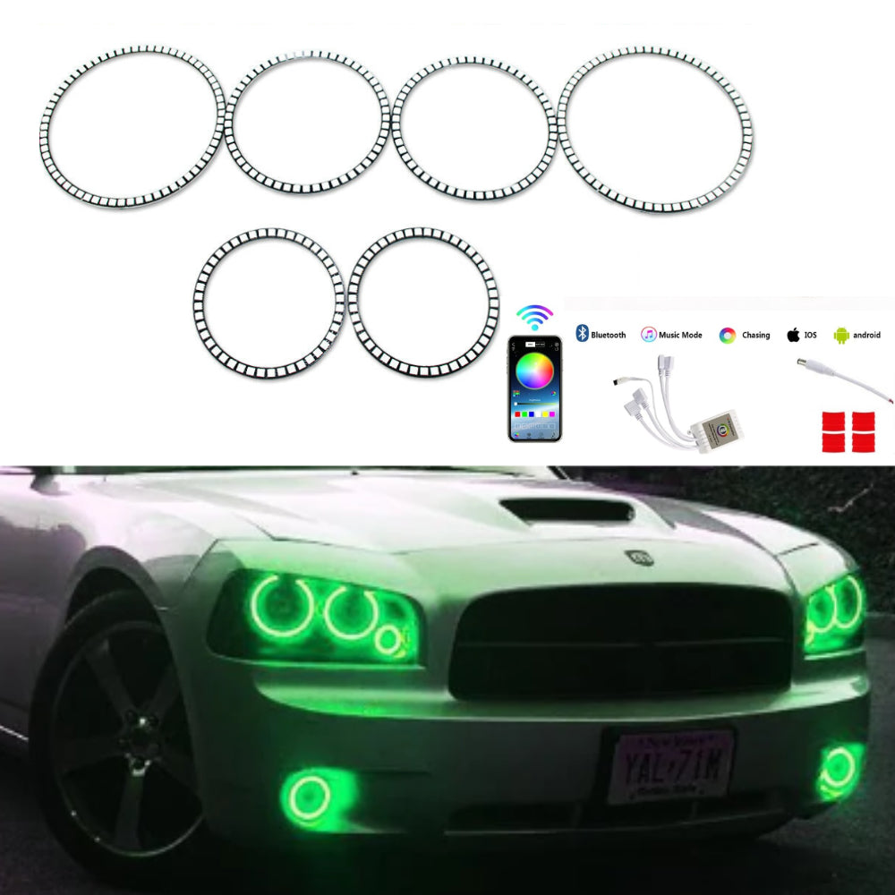 For 2005 - 2010 Dodge Charger Headlight Kits DRL Dark Smoke 6pcs RGB Angel Eyes Halo Rings - AKiHalo.com