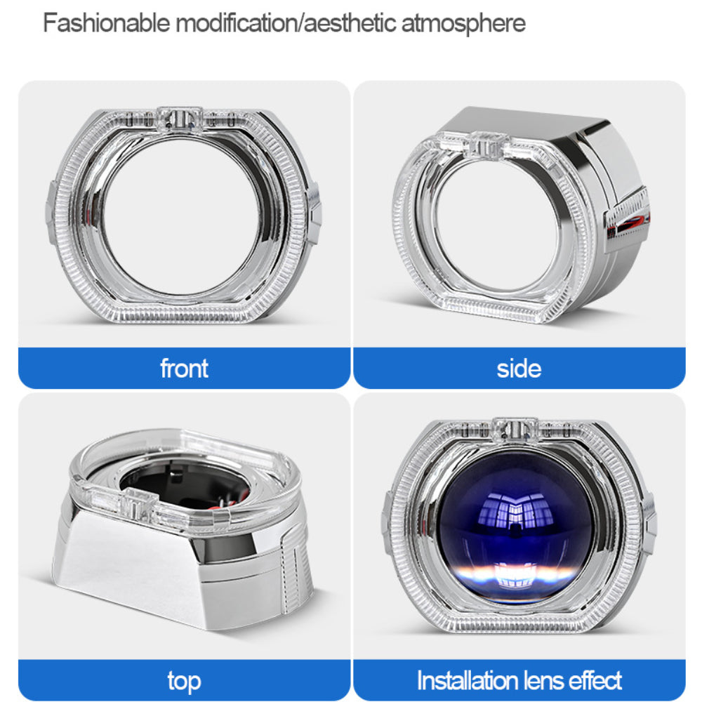3.0-Inch H1 Bi-Xenon Headlamp Projector Lens w/DTM Style Square LED Halo Rings Daytime Running Light Shroud Compatible With Headlight Retrofit, Custom Headlamps Conversion - AKiHalo.com