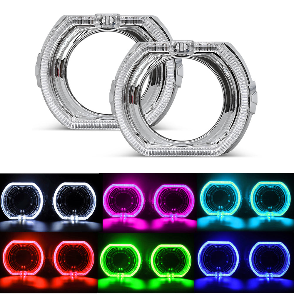 3.0-Inch H1 Bi-Xenon Headlamp Projector Lens w/DTM Style Square LED Halo Rings Daytime Running Light Shroud Compatible With Headlight Retrofit, Custom Headlamps Conversion - AKiHalo.com