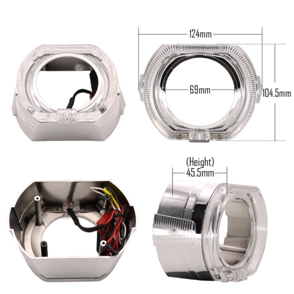 3.0-Inch H1 Bi-Xenon Headlamp Projector Lens w/DTM Style Square LED Halo Rings Daytime Running Light Shroud Compatible With Headlight Retrofit, Custom Headlamps Conversion - AKiHalo.com