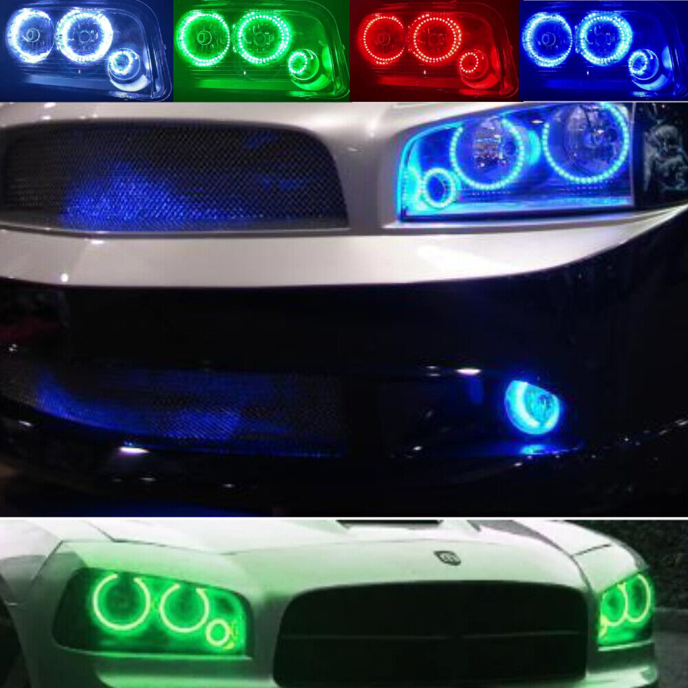 6pcs RGB Halo Rings & Fog Light for 2005 - 2010 Dodge Charger Headlight Kits DRL & Fog Light, Running Light, Demon Light with 16 Multi-Color IR Control - AKiHalo.com