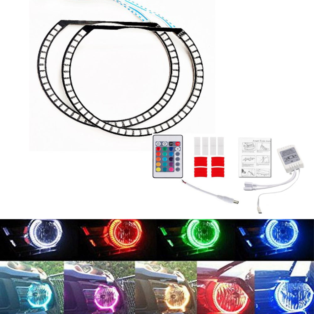 16-Color RGB LED Headlight Halo Ring Lighting Kit Compatible With 2005-2012 Ford Mustang Reflector Halogen Headlamp Retrofit w/Remote - AKiHalo.com