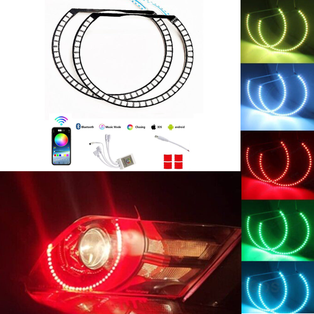 16-Color RGB LED Headlight Halo Ring Lighting Kit Compatible With 2005-2012 Ford Mustang Reflector Halogen Headlamp Retrofit w/Remote - AKiHalo.com