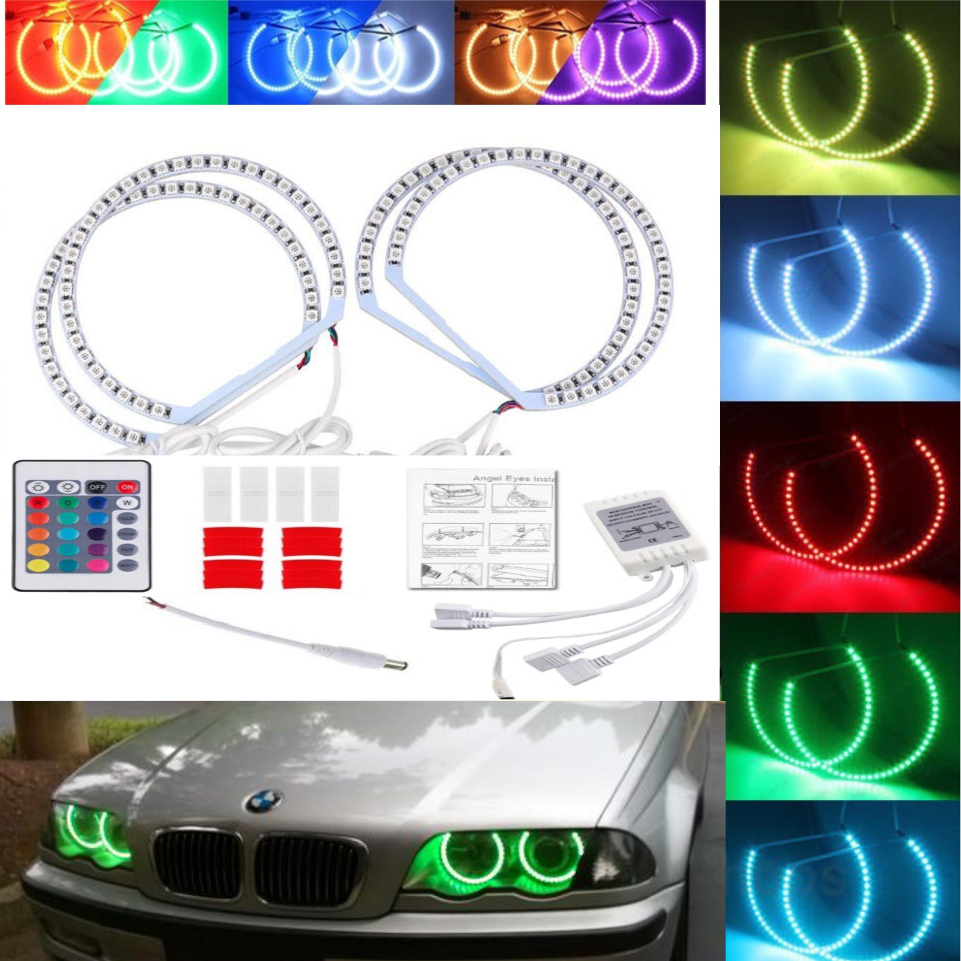 Qiuko 4x131MM Multi-Color RGB LED Angel Eye Halo Rings Light for BMW E46 E38 E39 3 5 7 Series - AKiHalo.com