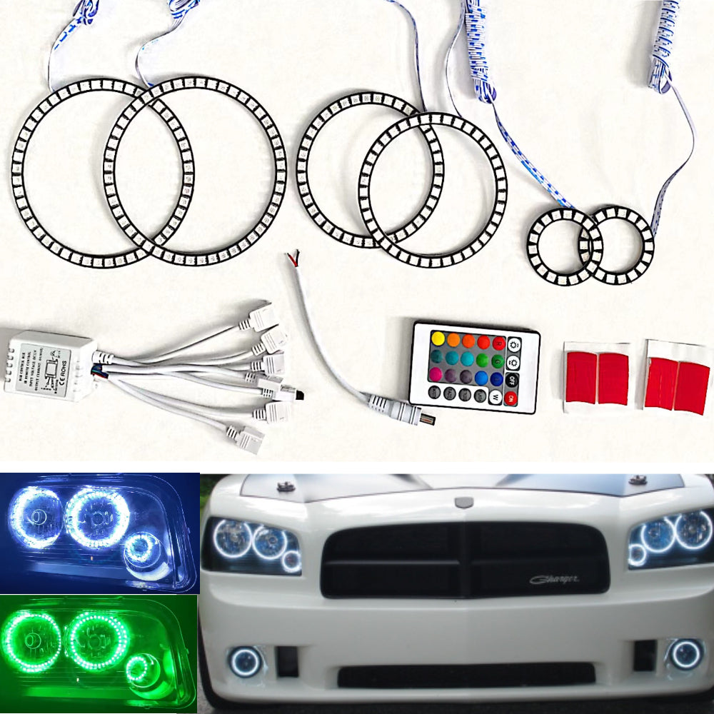 6pcs RGB Halo Rings & Fog Light for 2005 - 2010 Dodge Charger Headlight Kits DRL & Fog Light, Running Light, Demon Light with 16 Multi-Color IR Control - AKiHalo.com