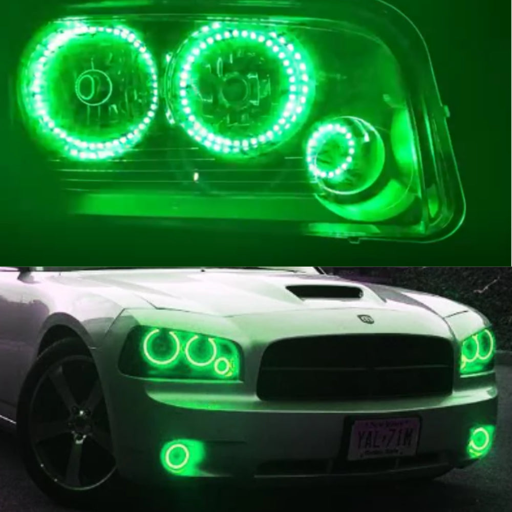 For 2005 - 2010 Dodge Charger Headlight Kits DRL Dark Smoke 6pcs RGB Angel Eyes Halo Rings - AKiHalo.com