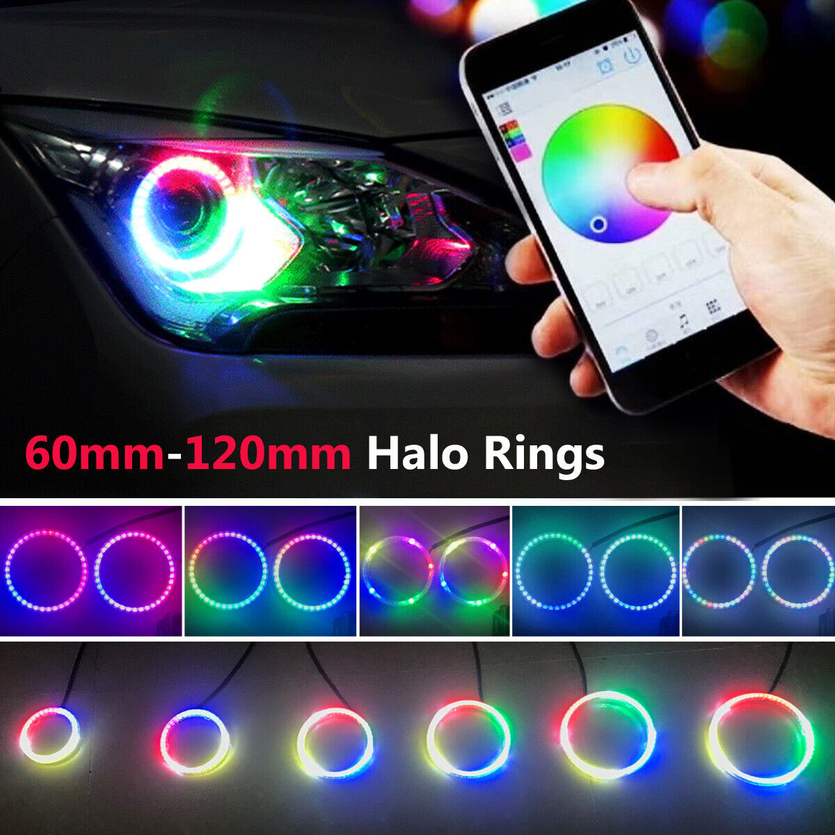 APP Bluetooth LED Dynamic Angel Eyes Halo Rings Headlight Dream Color Chasing Multi-color lights with PC Cover - AKiHalo.com