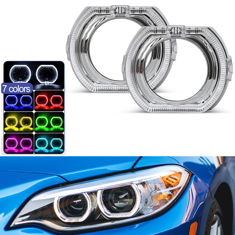 3.0-Inch H1 Bi-Xenon Headlamp Projector Lens w/DTM Style Square LED Halo Rings Daytime Running Light Shroud Compatible With Headlight Retrofit, Custom Headlamps Conversion - AKiHalo.com